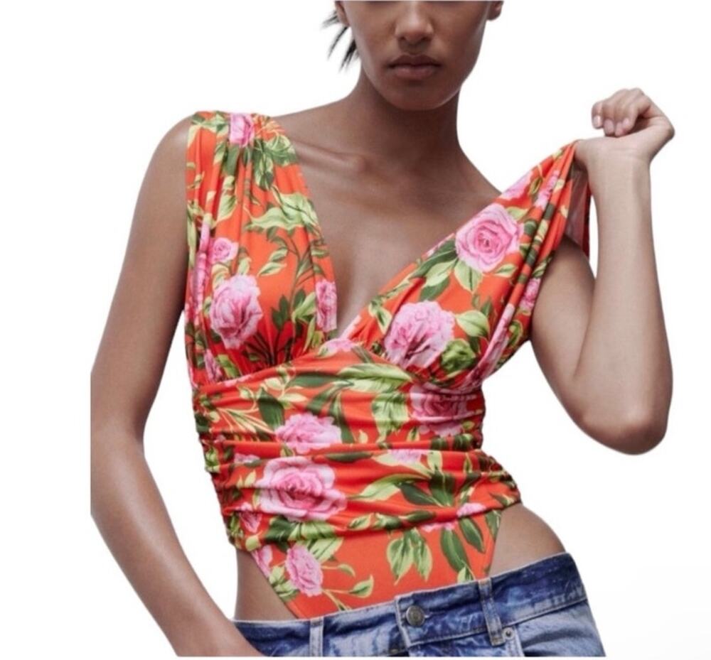 Zara NWT Multicolor Draped Ruched Floral Deep V-Neck Bodysuit Size S